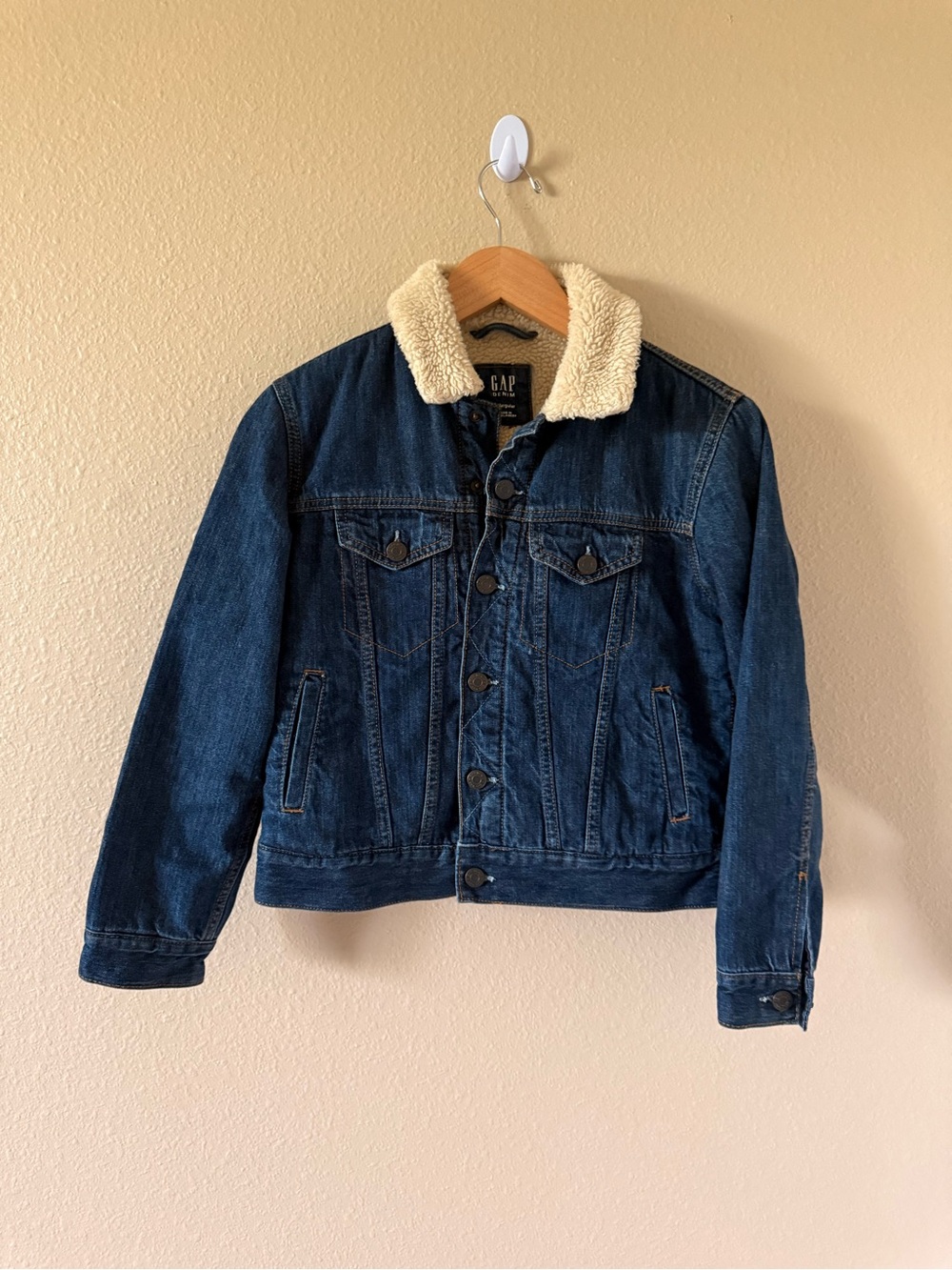 GAP Kids Indigo Denim Jacket with Cream Sherpa Collar